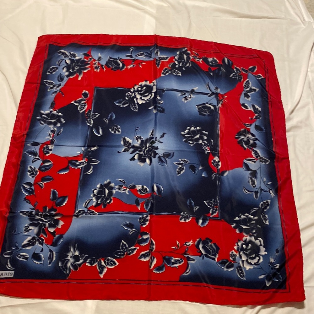 PARIS WOMEN HAIR NECK BAGS SCARF COLOR RED BLUE WITH FLOWERS